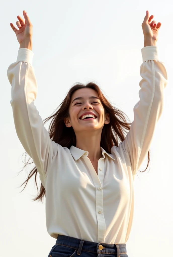 (photorealism:1.2), real girl 18-20 years old in white background with full body who is really happy because of his victory after an exam