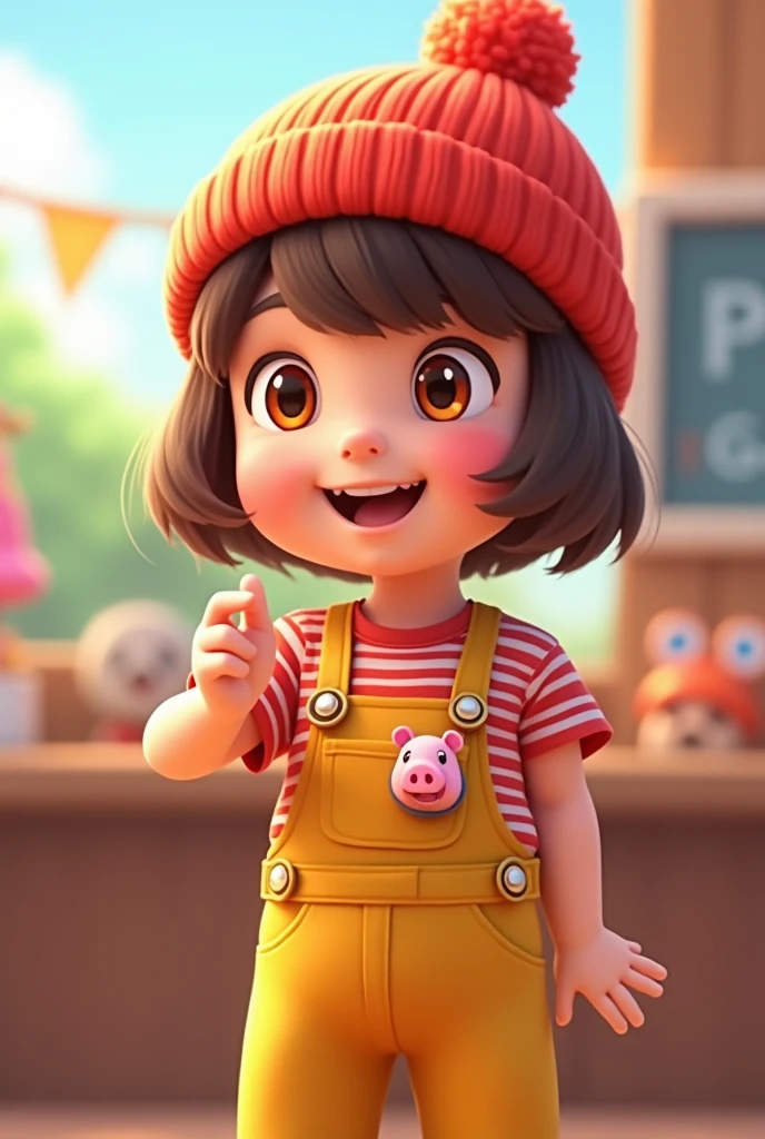 A game commentator with brown bob hair。
He is wearing yellow overalls with a red and white striped inner layer.。He&#39;s a boy, but he&#39;s so cute he could be mistaken for a girl. His eyes are orange.。He is wearing a red knitted hat and a pig pin.