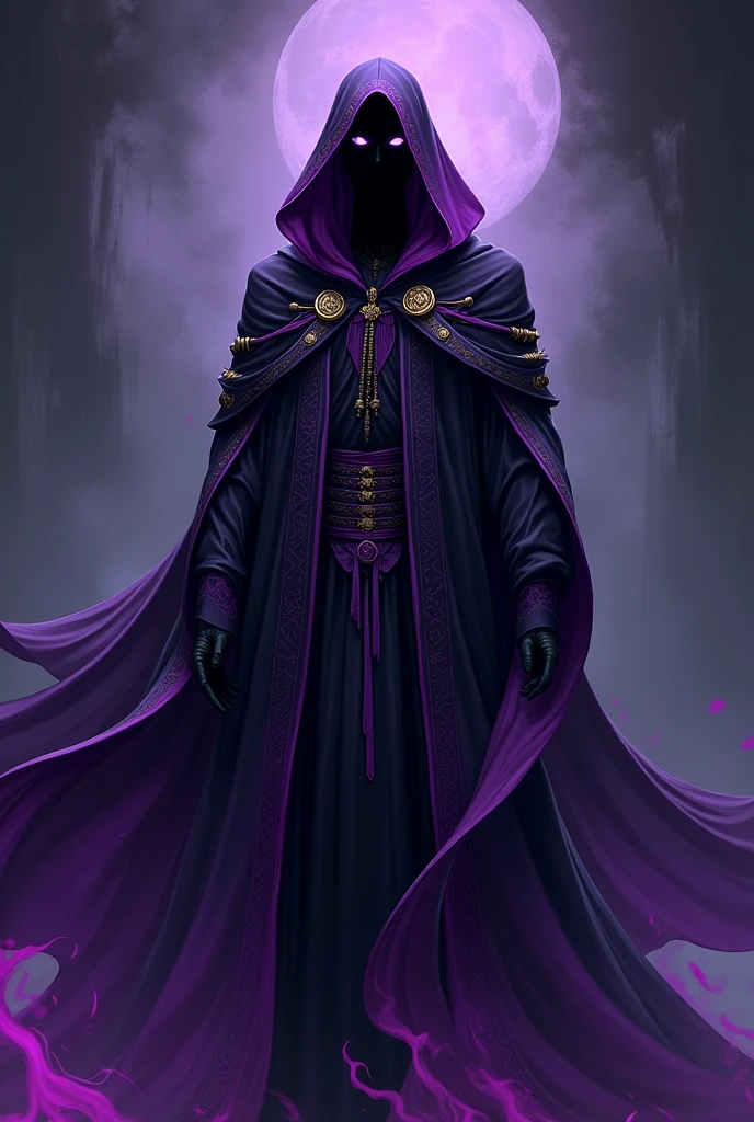 Black mage, No Mouth, Completely pitch black skin, Purple blank eyes, Purple and Black Attire, Male, Black Mage, Cartoony,