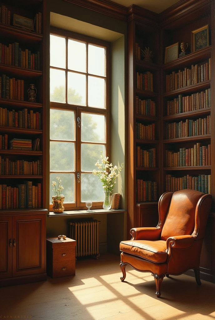 Create a painting in Spitzweg style, with many books without people ￼