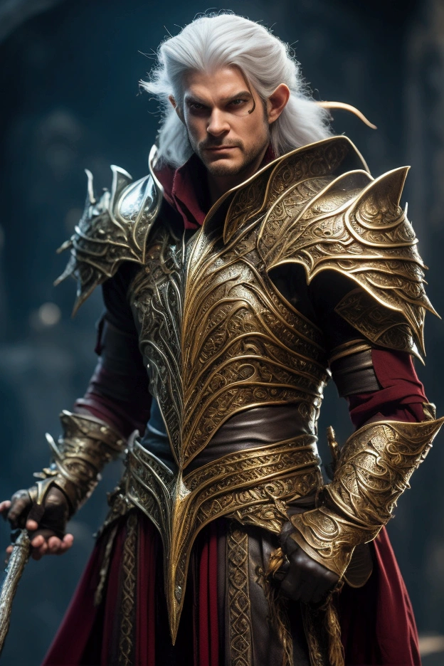 This is a fantasy character. The character has long dark hair with two lock of hair falling from both sides of his face and pointed ears, suggesting an elven or similar fantasy race. He is physically slender and athletic. He has two majestic black horns. He is wearing a red and black garment. He wears a silver scales armor plate on his left shoulder and a silver scales gauntlet on his left hand. In one hand, the character holds a golden staff with the head of a golden dragon on the top.
his style is inspired by suguru geto