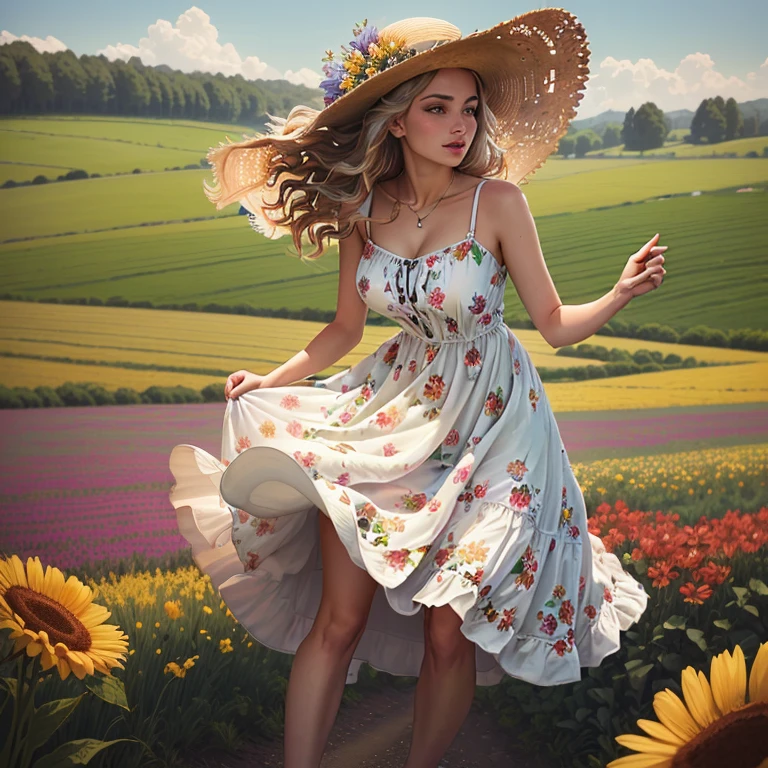 arafed woman in a dress and hat with a bicycle in field, In the village, Gorgeous lady, in field, gorgeous woman, in field with flowers, nice woman, wearing.прозрачный sundress, dressed on a naked body. floral dress, sundress, Retro vintage and romanticism, flowy dress, amazing woman, in a sunny dress, open dress