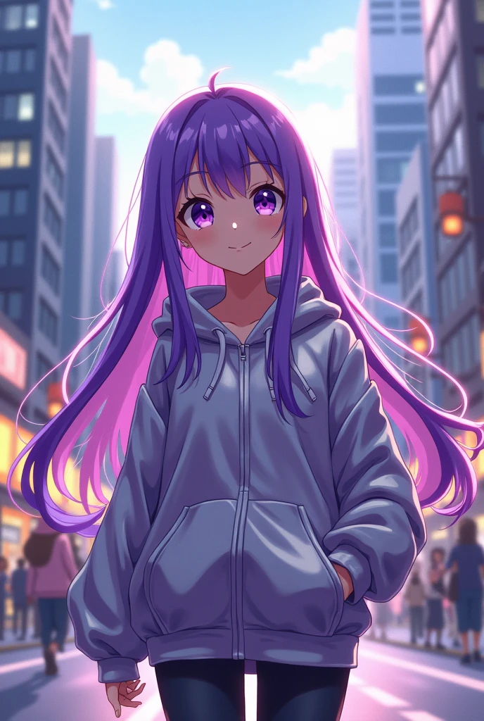 1 girl, High resolution, best quality, very long hair, purple hair, smile, violet eyes, anime-style, Backlight, in metallic Sweatjacke, walks through the city,
