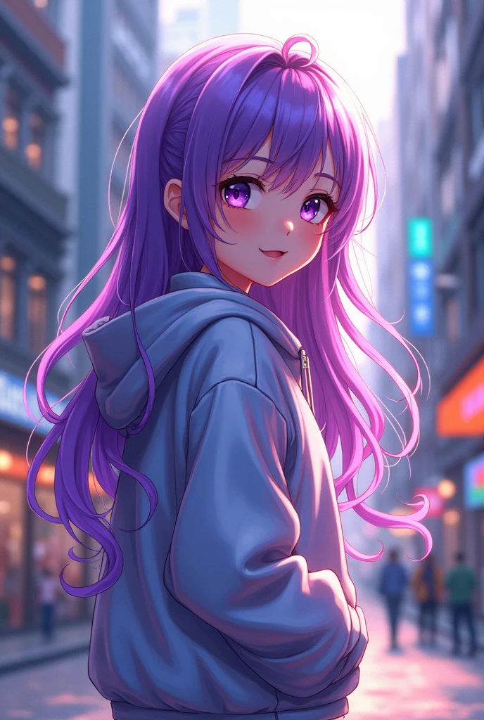 1 girl, High resolution, best quality, very long hair, purple hair, smile, violet eyes, anime-style, Backlight, in metallic Sweatjacke, walks through the city,
