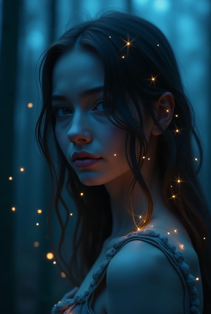 1woman,,close up shot,rendered ,3d,firefly glow in background,dark blue background, forest, 
