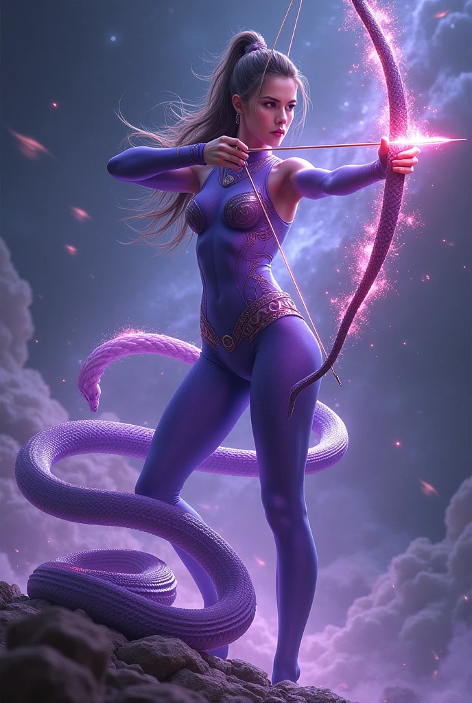 Violet lady Warrior suit with arrow of fairy of stars, together with snake( make the snake visible )
