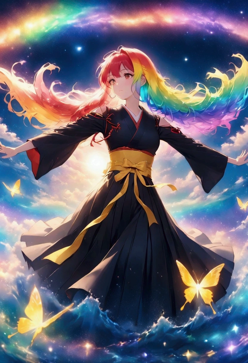 One woman,Rainbow Hair,Long Hair,Black kimono,Shoulder,Yellow belt,samurai　Yellow butterfly,night,shoulder,old,garden,water surface　dance,Japanese sword,Swing down　moon　star　Draw your sword　Slashing　Catch the wind　autumn