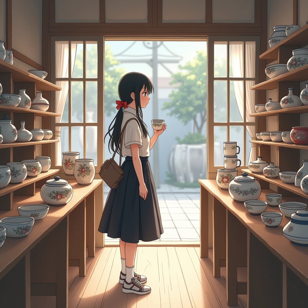 Anime Style, Realistic and beautiful backgrounds,
A girl with her hands on her thighs looking at ceramics,
She is wearing a cute white decorated blouse with short sleeves and no buttons., mid black flare skirt, no school uniform, no pleated skirt,
Wearing white knee-high socks, Wearing sneakers. bag,
Her hair style is low twin tails, with red ribbons, very long length and black, low pigtails.
Not high twin tails.
On the go, Japanese ceramics, dish, Bowl, Cup, shop, indoor, Japan, Glass door, street,
Daytime, from side, Focus on the face, Mid Shot.