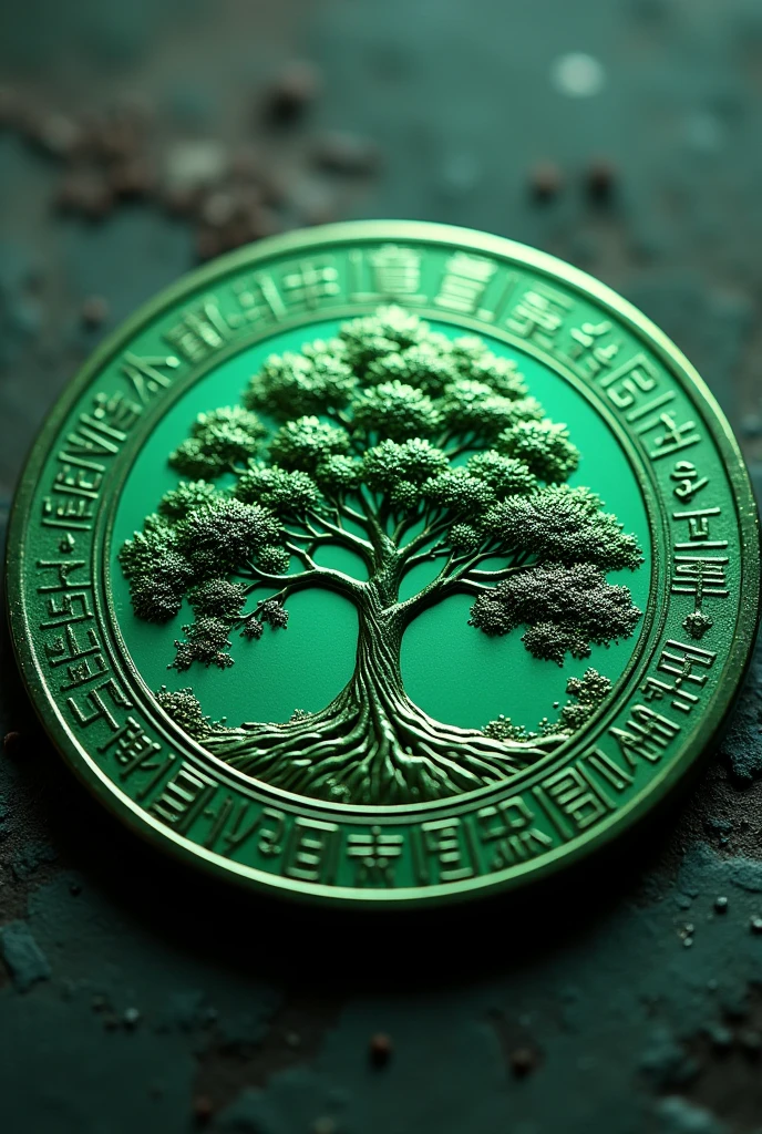 Green metal coin with a tree image