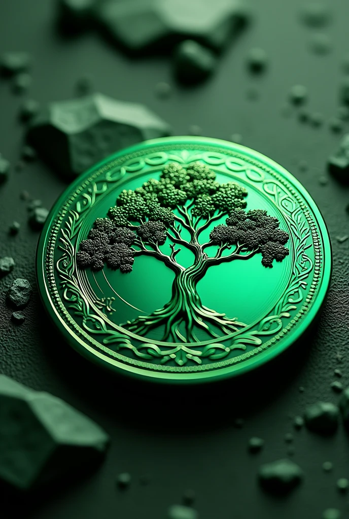 Green metal coin with a tree image