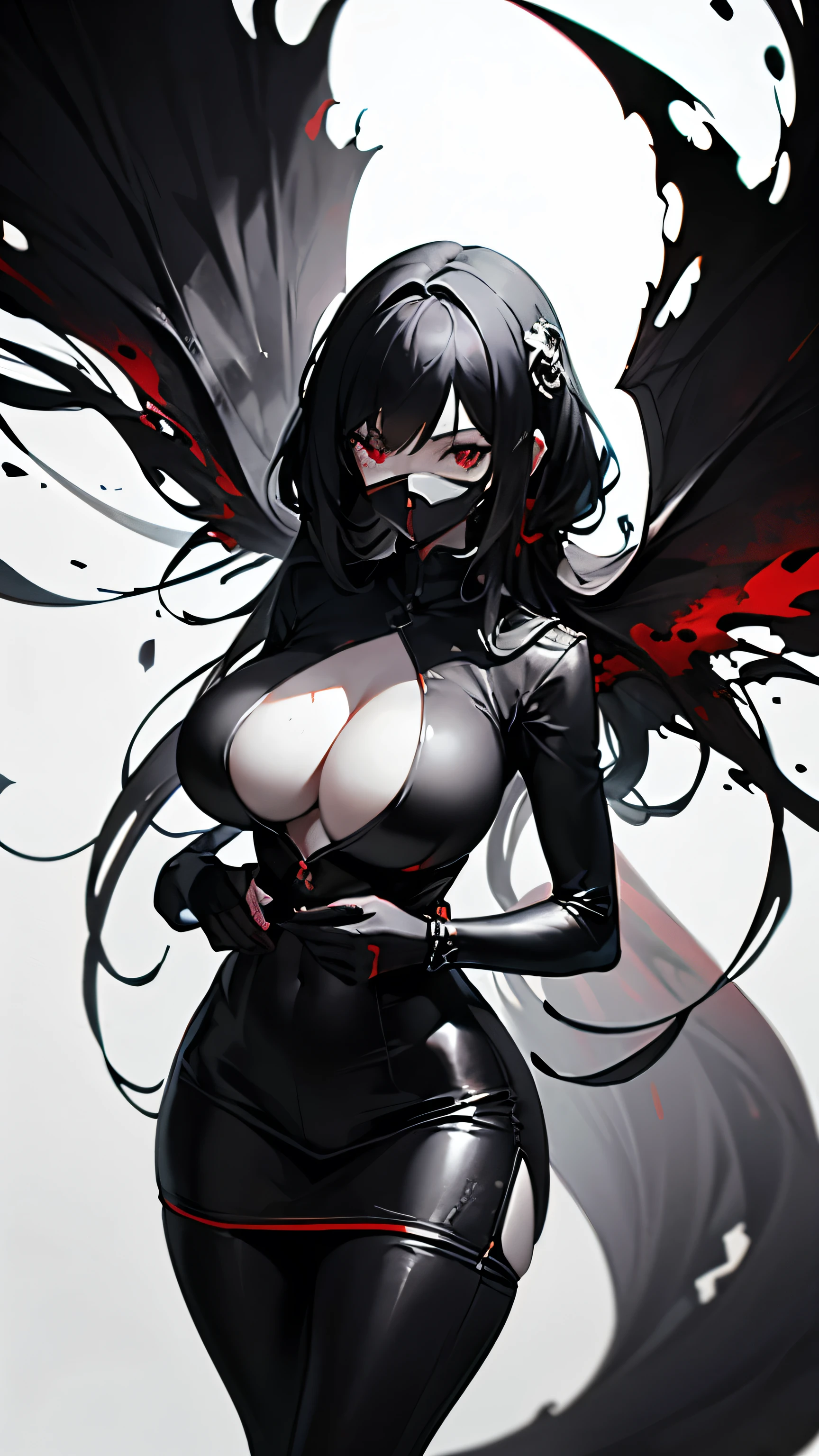  simple background, monochrome, horror (theme) there is a broken picture, black paint splatted, red blood splatted, smoked, red blood  (((anime girl character))), big boobies, wearing a mask