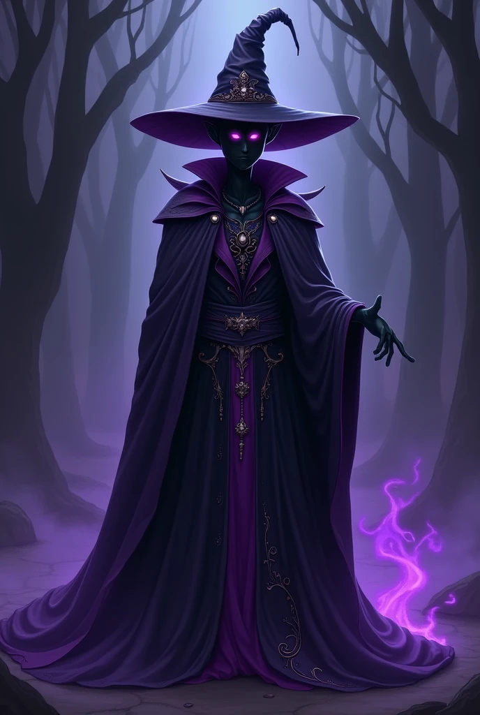 Black mage, No Mouth, Completely pitch black skin, Purple blank eyes, Purple and Black Attire, Male, Black Mage, Cartoony, Wizard Hat