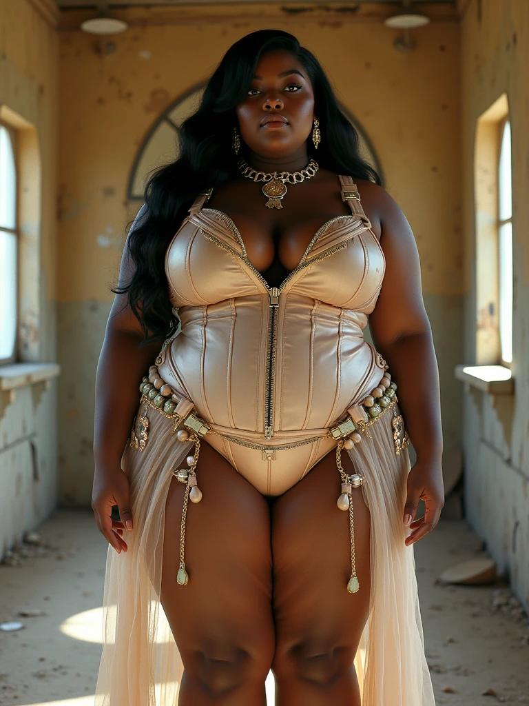 HUGE GLUTES: PROTRUDING WIDE ASS: BULGING BUTTOCKS: large butt, most wide hips, corset and choker with contrasting color, 100 inch trapezoidal hips, zero degree flat stomach, large butt, thin waist, dark skin, hip dips, a cup chest, 1 inch waist, desert theme, pastel accessories: zippers belts clasps latches buckles, post - apocalyptic room, zero degree flat stomach, Definition: (highres, sharp focus, 8k uhd, ultra photo-realistic resolution), ornately intricate, luxe dress couture: translucent cellophane fabric, Vogue Arabia: BangBros: Nike: Versace: AssParade: Gucci: Film: (80 mm, shot on portra 120, finest details. angles: front + left side, shot on Fujifilm)