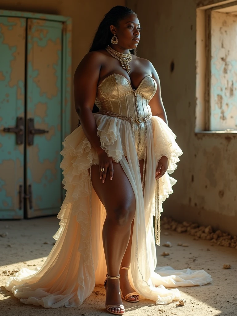 HUGE GLUTES: PROTRUDING WIDE ASS: BULGING BUTTOCKS: large butt, most wide hips, corset and choker with contrasting color, 100 inch trapezoidal hips, zero degree flat stomach, large butt, thin waist, dark skin, hip dips, a cup chest, 1 inch waist, desert theme, pastel accessories: zippers belts clasps latches buckles, post - apocalyptic room, zero degree flat stomach, Definition: (highres, sharp focus, 8k uhd, ultra photo-realistic resolution), ornately intricate, luxe dress couture: translucent cellophane fabric, Vogue Arabia: BangBros: Nike: Versace: AssParade: Gucci: Film: (80 mm, shot on portra 120, finest details. angles: front + left side, shot on Fujifilm)