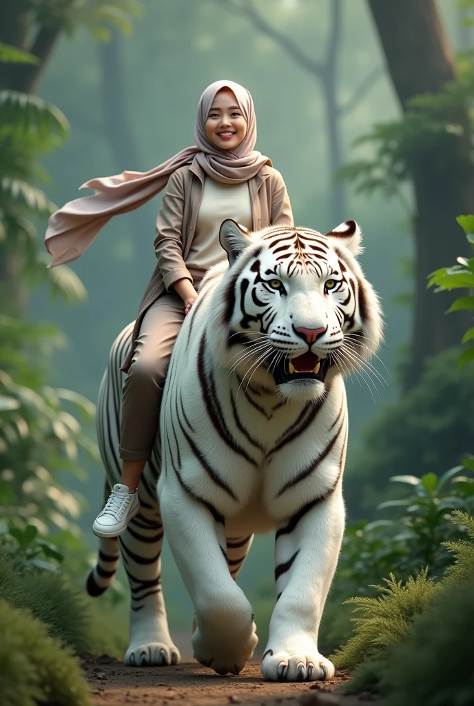 1 beautiful Korean muslim adult hijab woman,berjilbab,senyum.wear a t-shirt,jaket fashion hijab.dan celana panjang.white shoes. riding a giant white tiger in the jungle, very big white tiger, tampak depan, facial details.
