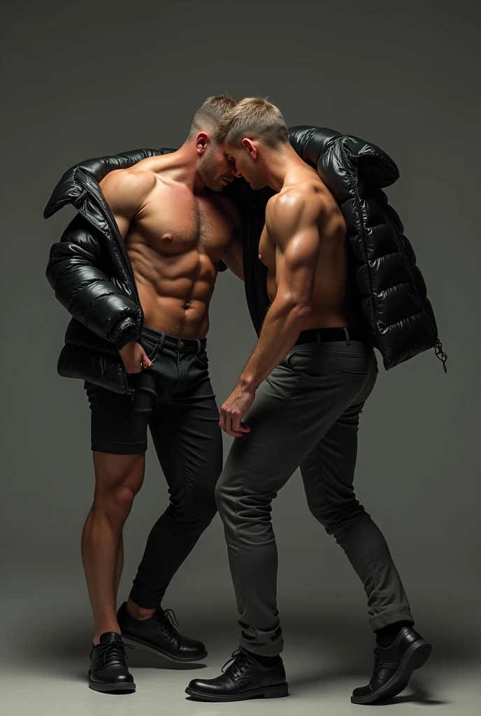 ATTENTION: (((*TWO MALES HANDSOME MAN TOGETHER*))) IN HIGH REALISTIC RAW IMAGE. Man A 41, exceptionally handsome man with light-colored eyes and short, thinning hair. He is (((dressed a pants, formal shoes, and an open, *extremely shiny black leather puffer jacket* that reveals his hairy chest and slightly prominent belly))). He is (((positioned on all fours))), with his head slightly raised as his necktie is being pulled by the domineering handsome man B. His is (((expressing deep humiliation and forced submission by the bad Man B, 32))), man with short hair, light skin, and a robust natural and hairy chest with a slightly prominent belly. He is (((wearing sports pants and sneakers, with no shirt, exposing his upper body))). Standing next to humiliating Man A, he grips the colar animal with a smug, dominant expression, (((pulling it to lift Man A’s head toward the camera))).
ATTENTION: extremely ultra mega high ACCURATE IMAGE. High resolution, Best quality, High details, HD model, Anatomically correct, Accurate. ATTENTION: (((*TWO MALES HANDSOME MAN TOGETHER*))).
