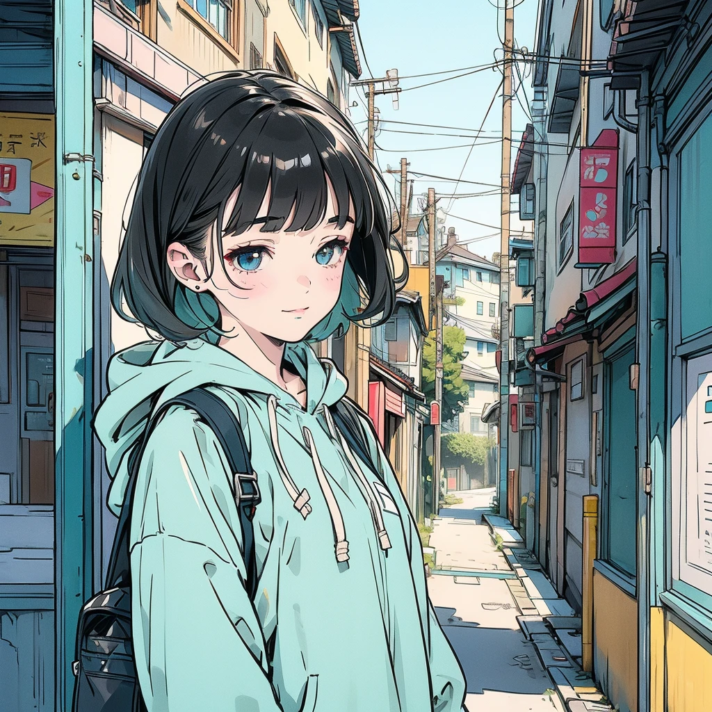Very delicate,
beautiful girl,
break,
8k,
Highest quality,
masterpiece,
Super adopted,
Super detailed girls,
Ultra-fine illustrations,
break,
Active Pause,
street,
Shiny,
bright,
Rim Light,
break,
One girl,
alone,
College years,
Perfect female body,
Black Hair,
short hair,
Bangs Hairpin,
Asymmetrical bangs,
Round face,
Pale turquoise eyes,
sleepy,
(smile:0.8),
Medium chest,
break,
cap,
hoodie,
Pencil Skirt,
Long sleeve,
knapsack,