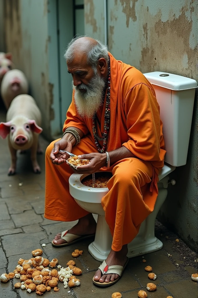 Raamgiri mahraj eating toilet with pigs beside gutter