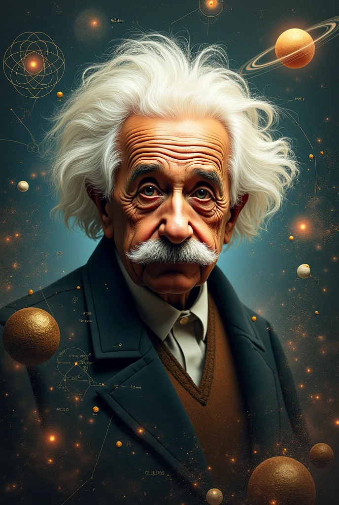 Make an art about science Albert Einstein with science stuffs and his benefits to the world