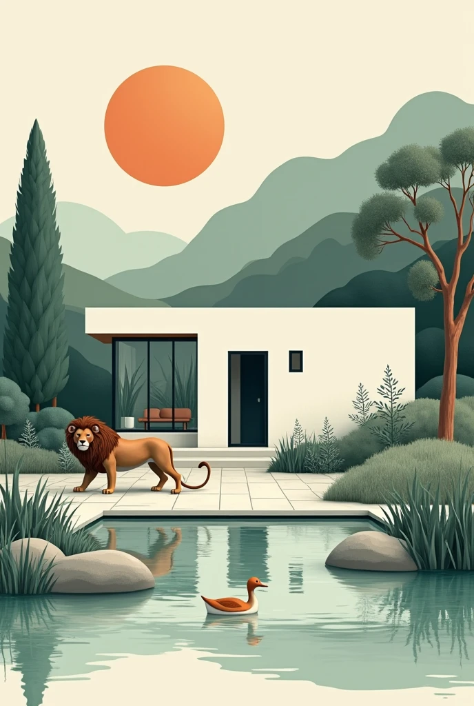 Minimal style garden house, sun, lion, snake, pond duck.
