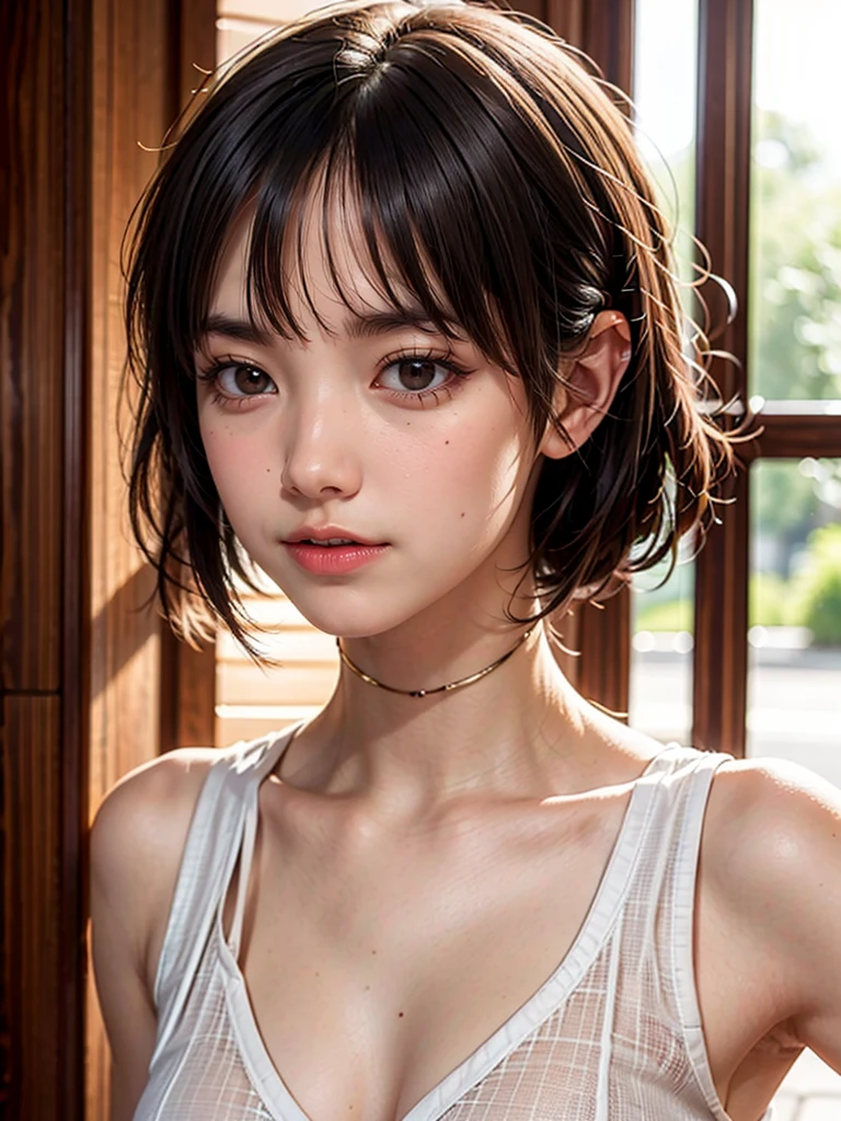 One Girl,(とてもcute少女:1.3),masterpiece,Highest quality,High resolution,Photorealistic,RAW Photos,Ray Tracing,Physically Based Rendering,beautiful girl,(:1.3),cute,Big eyes,(detailed pupils:1.2),(The face is facing sideways:1.3),Body facing sideways,Beautiful nose,High nose,Upturned nose,Fuller lips,Short black hair,ponytail,short hair,Detailed eyelashes,Thin eyebrows,Very fine grain definition,(Golden Ratio:1.3),(Face close-up,Face Focus:1.0),Small breasts,Slim figure,Short neck,shoulder,Tank top,white,Simple Background,Portrait,View Viewer,Upper Body,Cinema Lighting,High resolution,Very detailed