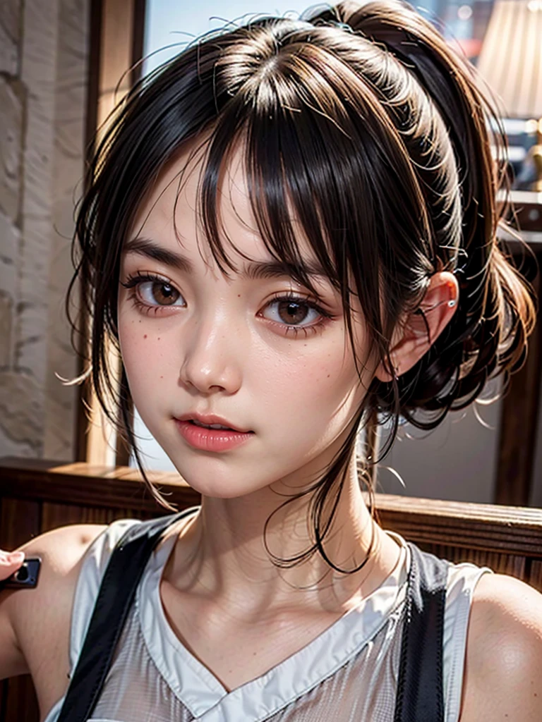 One Girl,(とてもcute少女:1.3),masterpiece,Highest quality,High resolution,Photorealistic,RAW Photos,Ray Tracing,Physically Based Rendering,beautiful girl,(:1.3),cute,Big eyes,(detailed pupils:1.2),(The face is facing sideways:1.3),Body facing sideways,Beautiful nose,High nose,Upturned nose,Fuller lips,Short black hair,ponytail,short hair,Detailed eyelashes,Thin eyebrows,Very fine grain definition,(Golden Ratio:1.3),(Face close-up,Face Focus:1.0),Small breasts,Slim figure,Short neck,shoulder,Tank top,white,Simple Background,Portrait,View Viewer,Upper Body,Cinema Lighting,High resolution,Very detailed