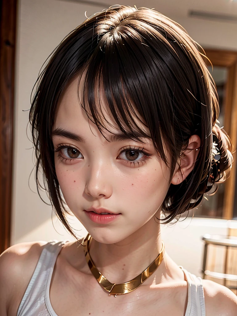 One Girl,(とてもcute少女:1.3),masterpiece,Highest quality,High resolution,Photorealistic,RAW Photos,Ray Tracing,Physically Based Rendering,beautiful girl,(:1.3),cute,Big eyes,(detailed pupils:1.2),(The face is facing sideways:1.3),Body facing sideways,Beautiful nose,High nose,Upturned nose,Fuller lips,Short black hair,ponytail,short hair,Detailed eyelashes,Thin eyebrows,Very fine grain definition,(Golden Ratio:1.3),(Face close-up,Face Focus:1.0),Small breasts,Slim figure,Short neck,shoulder,Tank top,white,Simple Background,Portrait,View Viewer,Upper Body,Cinema Lighting,High resolution,Very detailed