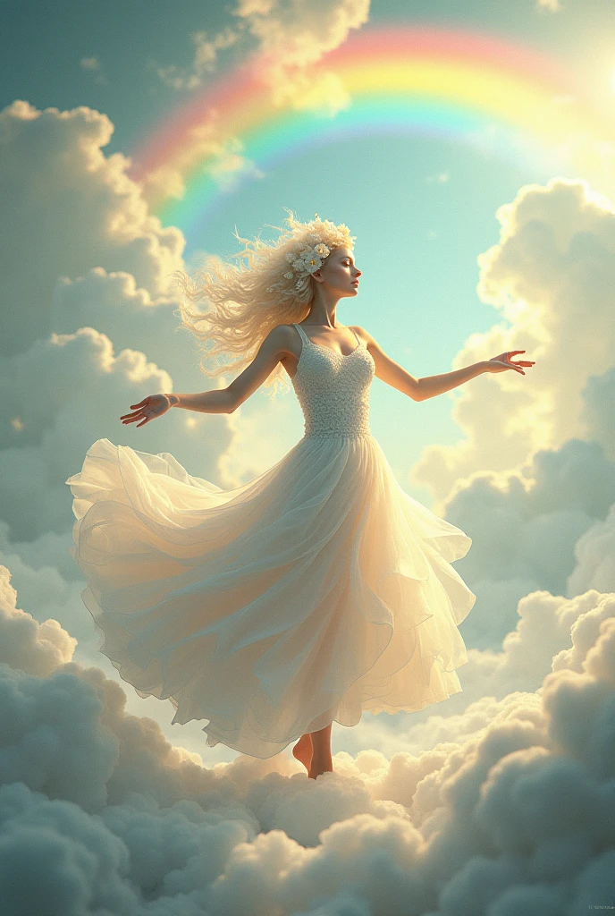 A whimsical dancer gracefully poised in mid-movement, her entire body is pure winds and clouds, her arms and neck is not skin color but only white. Her head is pure wind in a shape of flower. The background is a lush, enchanted sky island with a clouds and rainbow, soft sunlight filtering through the canopy, and a carpet of clear and calm cloud with rainbow underfoot. The scene is serene yet full of life, capturing the magic of enchanted sky."