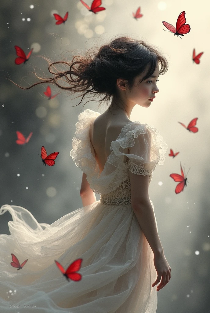Visualize a (((stunningly beautiful ethereal brunette boy (@bedaraj), her form elegantly drifting across an image that evokes the style of (((ink wash paintings))), with softly interwoven (((dark grey))), (((rouge butterflies))), (((written phrase, (“Louis Vuitton”) background))) and delicate (((lace costumes))) that capture the essence of flowing, (((luscious womanly junoesque curves))), ebonycreations advanced resolution ensures every intricate detail is captured in this masterfully composed s