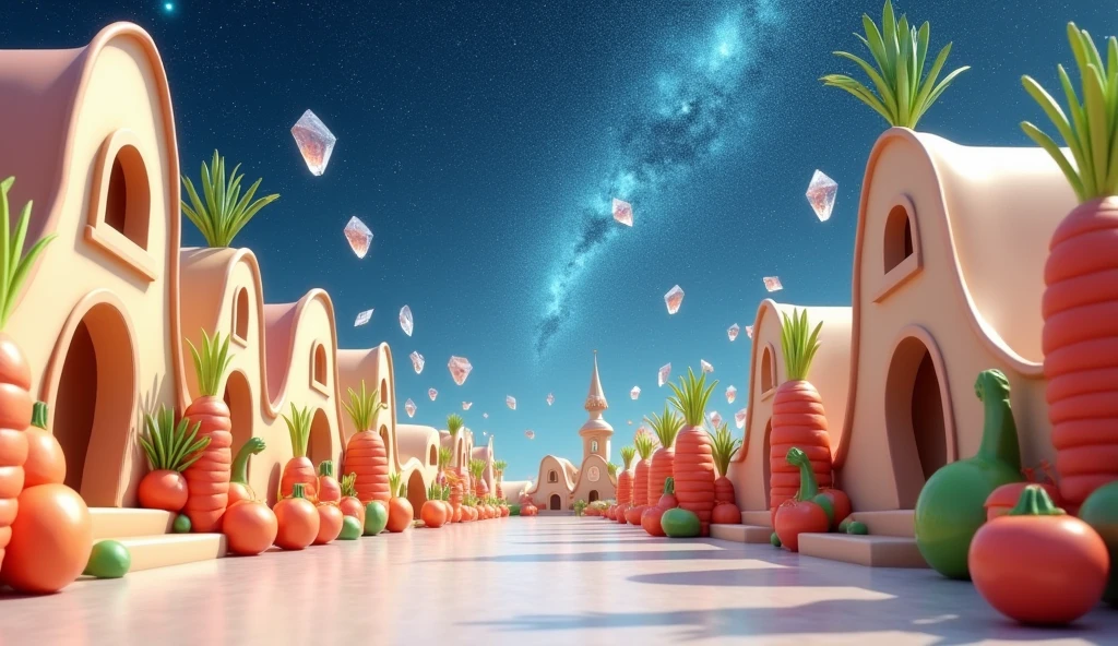 An amazing 3D scene, a peaceful and vibrant place, a fairytale town, everywhere decorated with Q version of carrots, vegetables, the colors of the town's buildings are various pastel tones, all have a fairytale feel, the ground is off-white, shining. The sky is a dome of an endless sea of stars, deep blue, you can see the Milky Way, there are many crystal fragments in the starry sky, crystal fragments shining like mirror fragments. High quality, high detail
