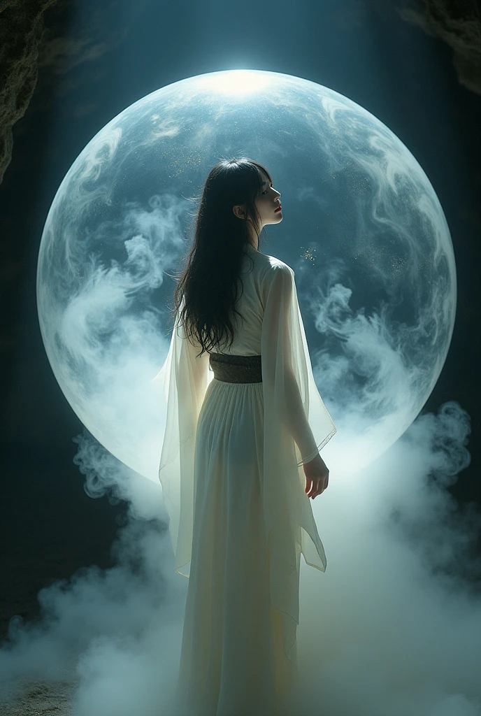 Floating sphere, The sphere is made of smoke., A woman wearing a yukata (Japanese summer kimono) and a sphere., The woman blends in with the smoke., The background and the woman blend together., The background is a dimly lit cave., black hair, reflection light, best quality, super detail, masterpiece, high details