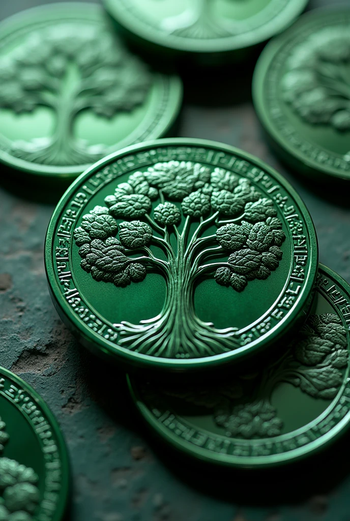Green metal coin with a tree image