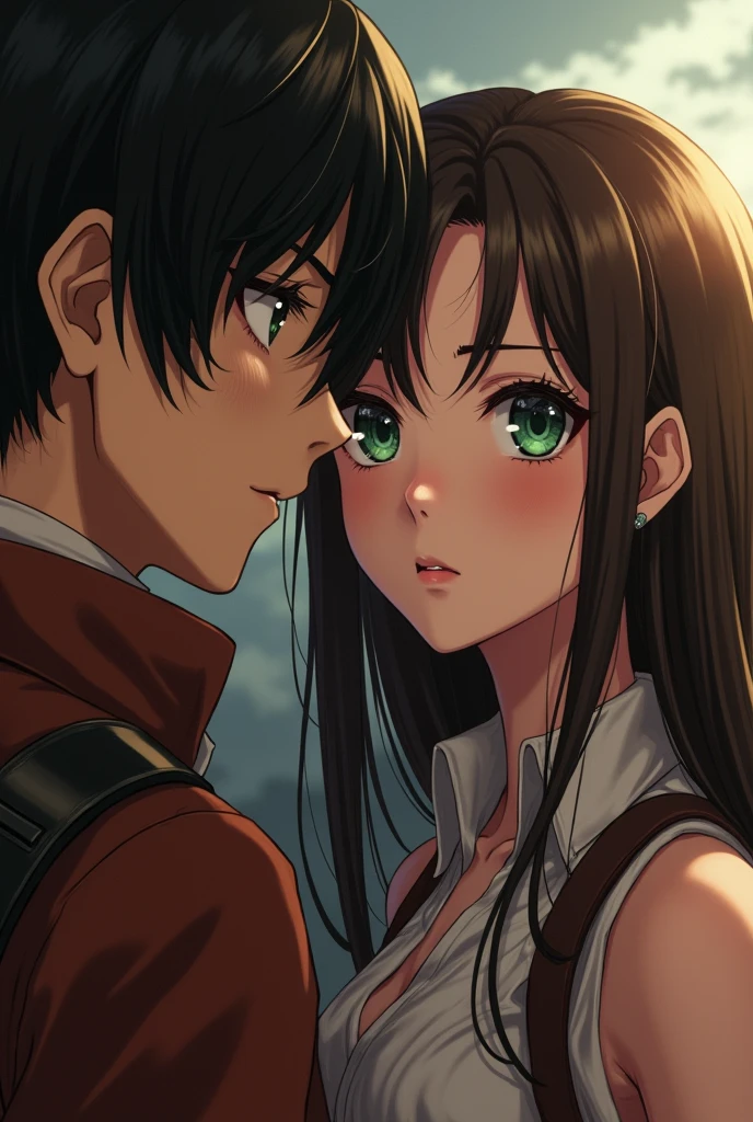Girl,long brown hair,green eyes,thin lips and is with levi from attack on titans