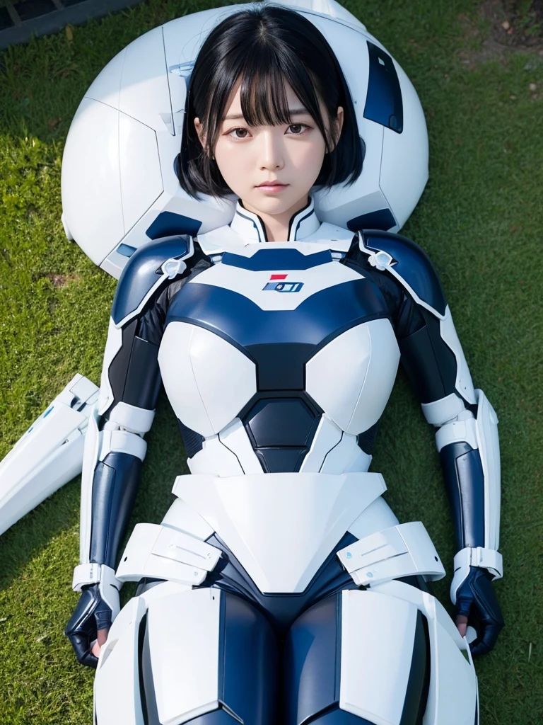 Japanese female android,Black Hair,White and blue robot suit,Plump,Sleeping on the lawn in the park,