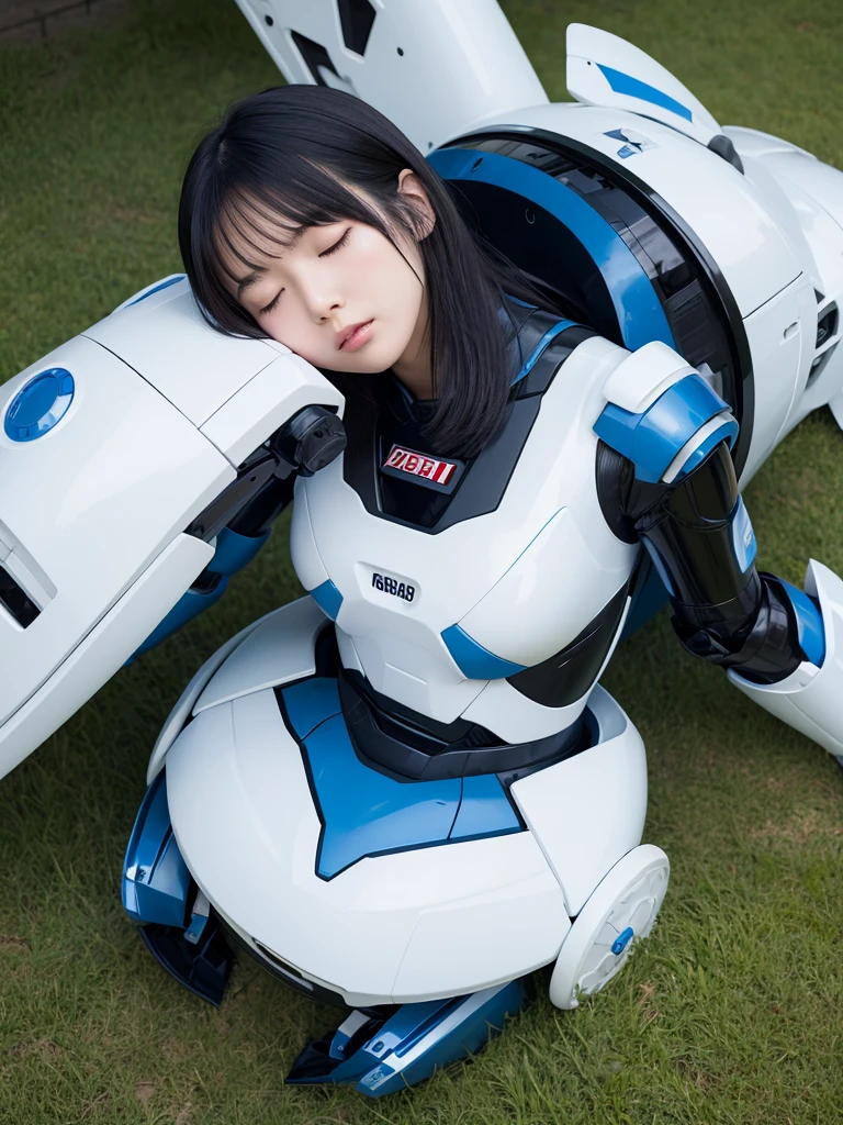 Japanese female android,Black Hair,White and blue robot suit,Plump,Sleeping on the lawn in the park,