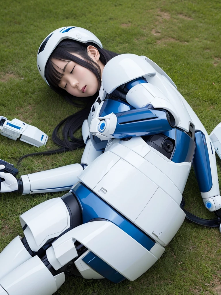 Japanese female android,Black Hair,White and blue robot suit,Plump,Sleeping on the lawn in the park,