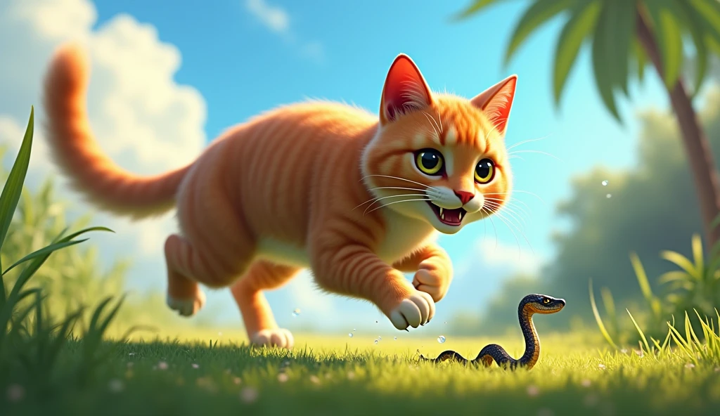 make a picture of an adult cat running in front being chased by a small snake from behind in the yard