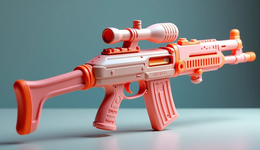 Mini double water gun toy,Integrated rifle mount,Q version,The surface has a pattern,Transparent magazine and scope recessed,(Similar structure to AK47),(Double muzzle:1.3),Smooth lines,Plastic material,Three-color Morandi color matching,high quality,Professional Product Photography,Table background,3d, OC Rendering,8K,