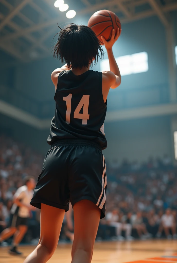 basketball、gym、Number 14、Name AN、Uniform black、A lively  girl、Short hair sweat、energy、cool、Real、4Ｋ、Dashing、Back view、Back viewシュートシーン,Cinema Lighting,(Highest quality,8k,High resolution,Masseter muscle area:1.2)