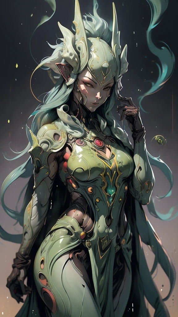 (Ultra-detailed face, looking away, Fantasy Illustration with Gothic, Ukiyo-e, Comic Art, Rich colors),
BREAK
(This is a world made of green acid. In the pool of acid, there is a gush of smoke and a pungent green smoke. Plants made of glass fibers suck up the acid from their roots, and the acid drips from their trunks, stems, and leaves like rain.),
BREAK
(The female acid elf dances an Asian dance in a daring pose, floating in the air with her back to the viewer, her hands moving in large, graceful motions, while shining ripples on the surface of the pool of acid.),
BREAK
(A middle-aged acid elf woman with emerald color hair, blunt bangs, very long disheveled hair and dark green color skin, red color eyes.),
BREAK
(Acid elves wear shiny cape dresses made of glass fibers and mules.)