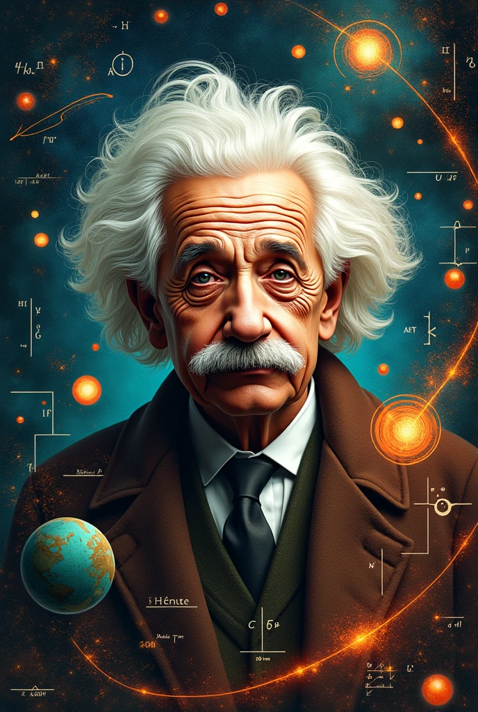 Make an art about science Albert Einstein with science things and his benefits to the world