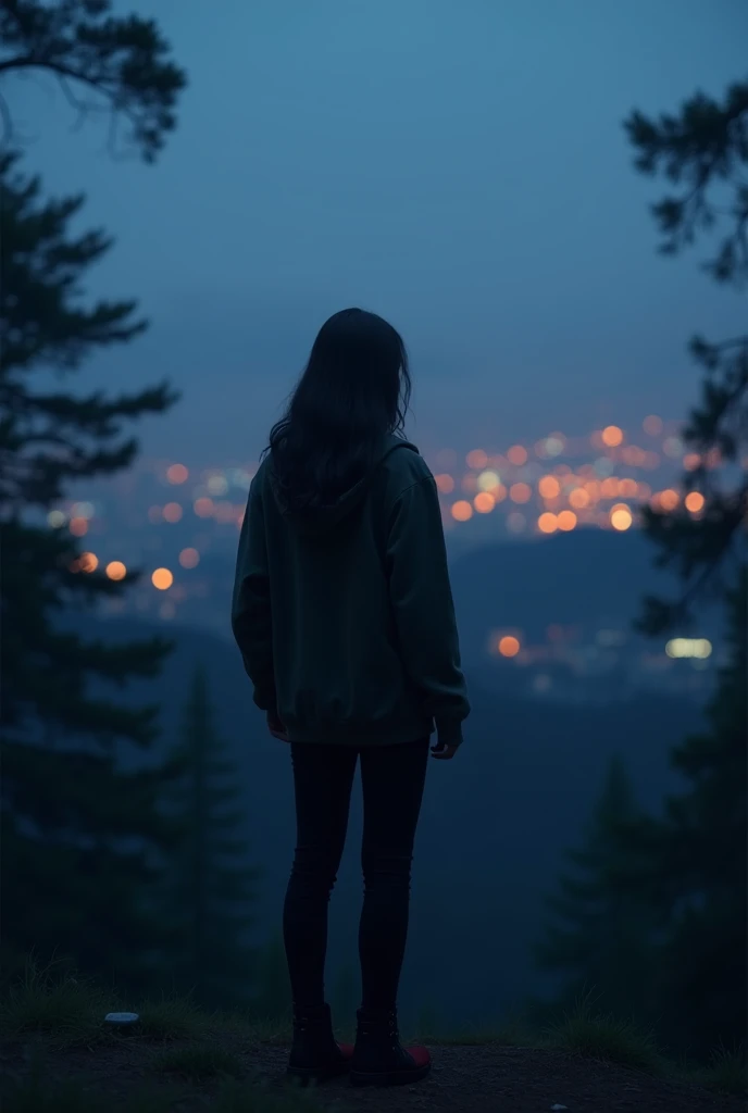 1woman,,close up shot,rendered ,3d,dark blue background, forest, glow lights, blur background,standing at top of hill,looking at city,