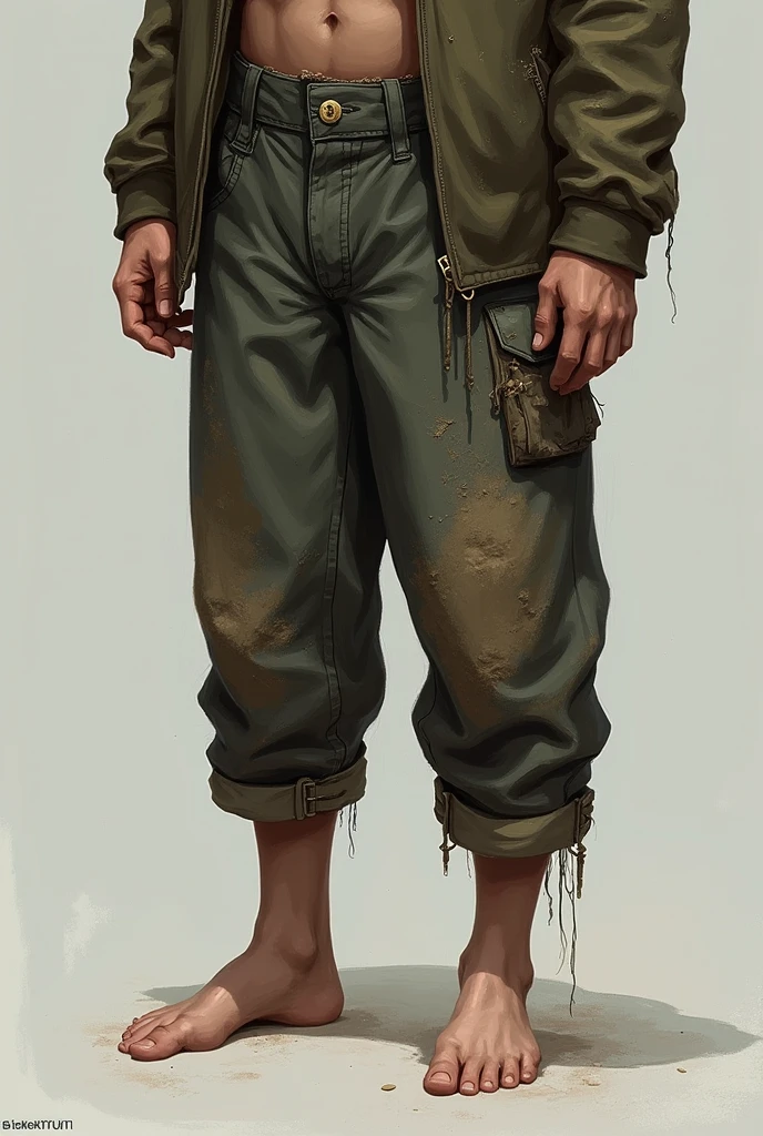 One without shoes,Two bare feet with dirty pants barely hanging by the hips。One trouser leg hangs down at the foot,The other pair of trouser legs were rolled up above the knees.。The button of the jacket was lost because of a fight.,One of the two small pockets was torn and only a little bit was connected.。