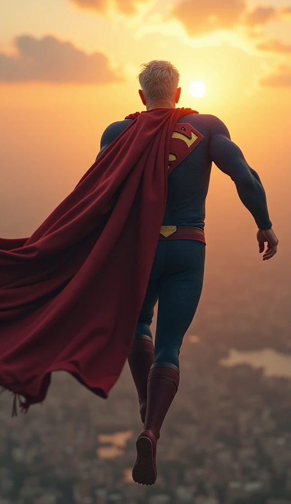 Superman, now with grey hair, posture is slightly hunched, fly slowly through a sky. his cape is tattered. Background: the sun rising in the distance. Narration: "Time waits for no one... not even legends."

