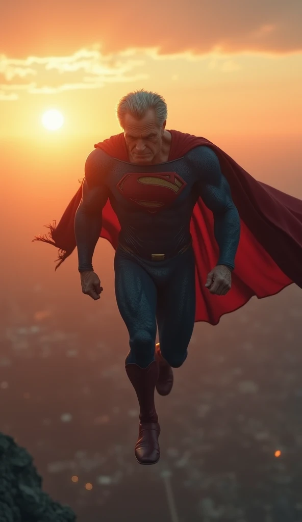 Superman, now with grey hair, posture is slightly hunched, fly slowly through a sky. his cape is tattered. Background: the sun rising in the distance. Narration: "Time waits for no one... not even legends."