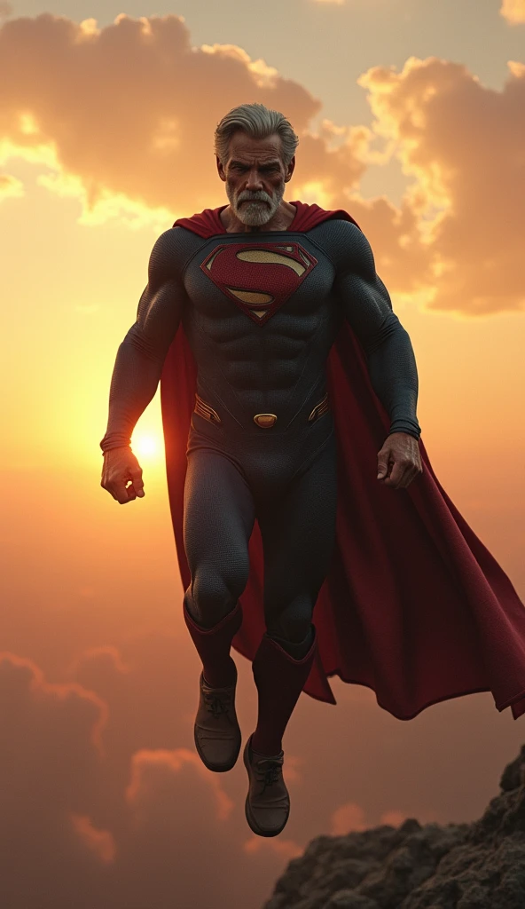 Superman, now with grey hair, posture is slightly hunched, fly slowly through a sky. his cape is tattered. Background: the sun rising in the distance. Narration: "Time waits for no one... not even legends."