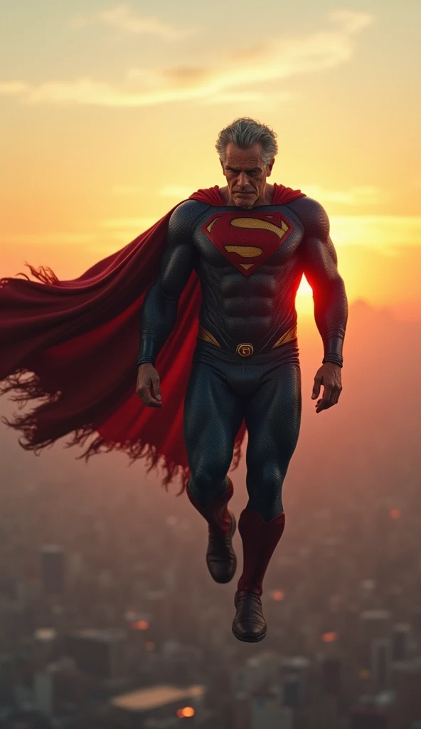 Superman, now with grey hair, posture is slightly hunched, fly slowly through a sky. his cape is tattered. Background: the sun rising in the distance. Narration: "Time waits for no one... not even legends."
