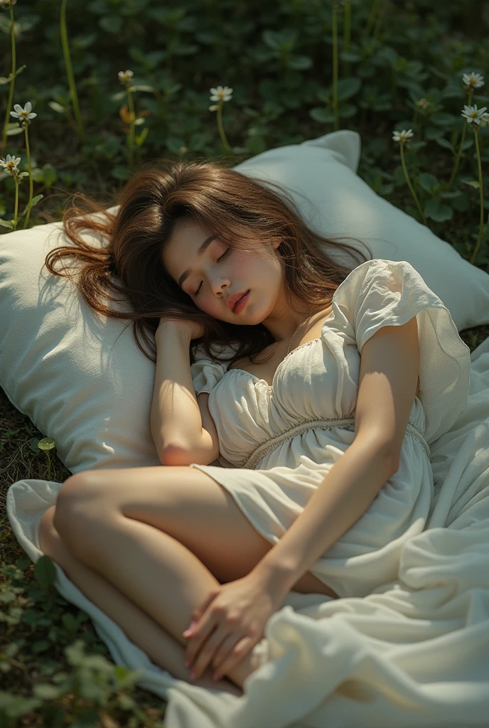 A beautiful girl sleeping on the flor outside, realistic, full body, legs visible, hurt her feet