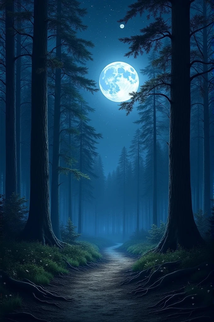 The image is highly detailed and realstice beautiful night scene of a forest with a full moon in the background. The sky is filled with stars and the moon is shining brightly, creating a peaceful and serene atmosphere. The trees on either side of the path are tall and slender, with their trunks reaching up towards the sky. The ground is covered in fallen leaves and twigs, and there is a dirt path winding through the forest. The overall mood of the image is one of serenity and tranquility.