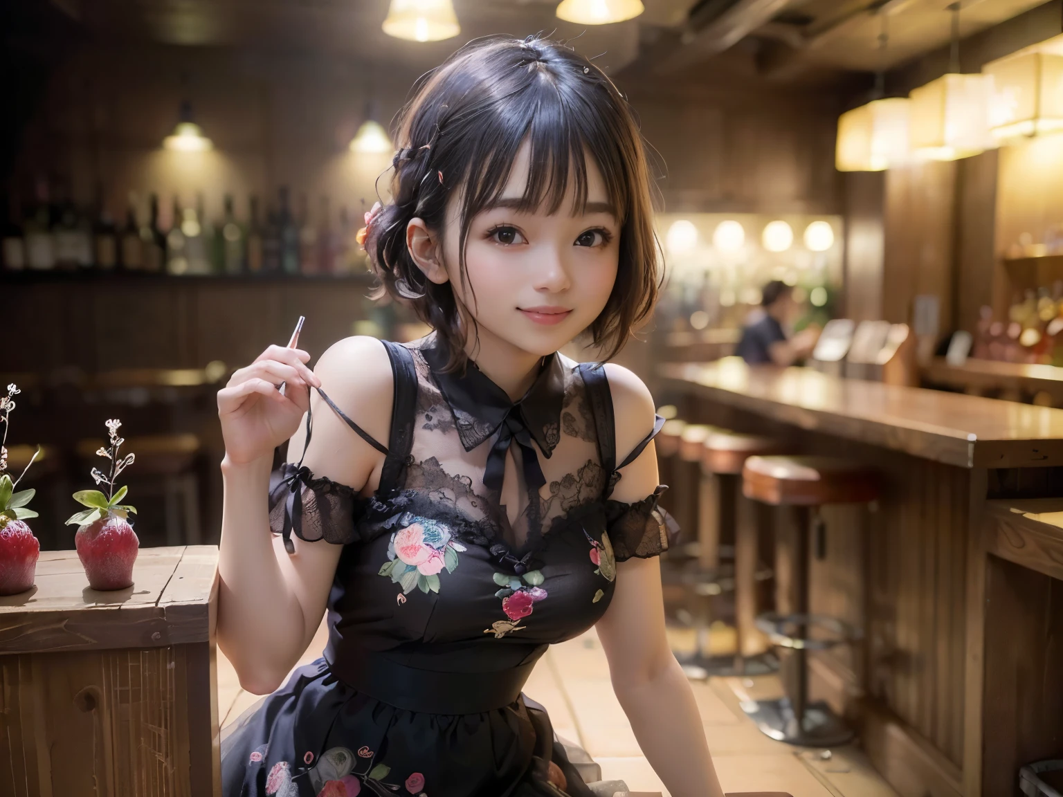 (Highest quality, masterpiece, Ultra-high resolution, 8k, RAW Photos, Realistic, Anatomically correct:1.5), 20-year-old girl:1.2, Embarrassing, avert your eyes, blush:1.0, View Viewer, ((bar)) 、Large windows、Night view、 Light:1.2, Bokeh, Cinema Lighting:1.0, Depth of written boundary, sharp、 Cute Face、Idol、(Black short sleeve lace top)、(Black tulle skirt)、(Black clothing)、(Floral clothes)、”dwarf”、(Full Body Shot)、(Side angle)、Cowboy Shot、( smile)、((Ultra short hair、Berry Short))、(Straight bangs)、((See-through))、(( One woman))、look back、I can see your belly button